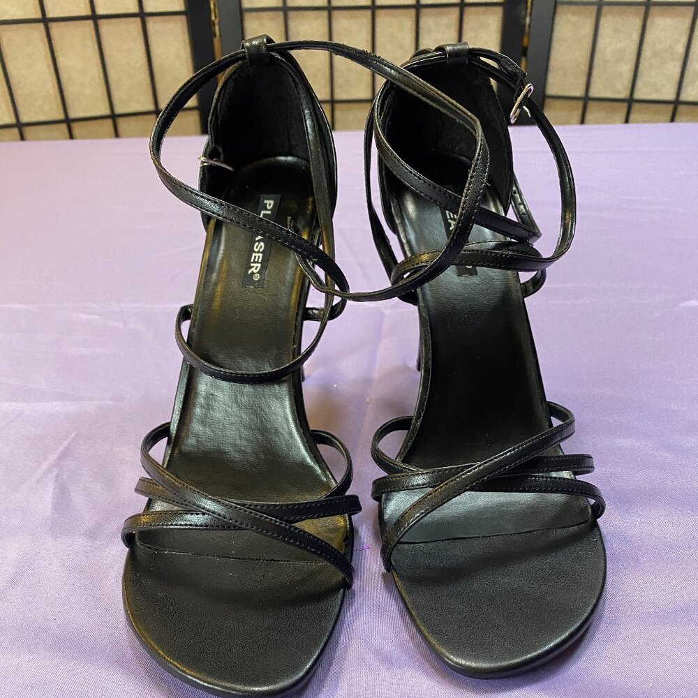 PLEASER brand casual strappy slide in black faux leather, medium heel